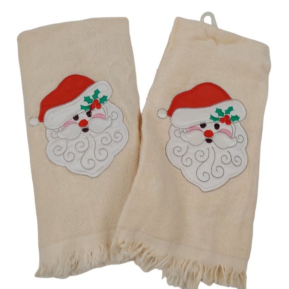 Cecil Saydah Christmas Santa Hand Towels Bathroom Kitchen Beige Neutral Set Of 2 - Picture 6 of 6